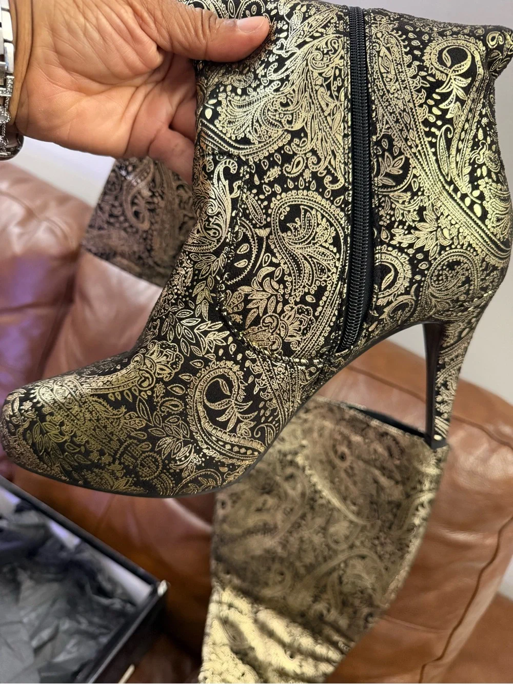 Ashley Stewart Black & Gold Paisley Over-the-Knee Stiletto Boots 10W (Wide Calf)